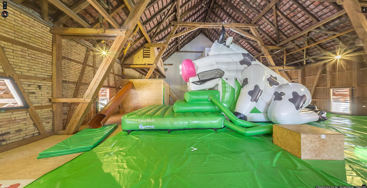 View of the adventure play barn, the indoor playground at Gut Hügle