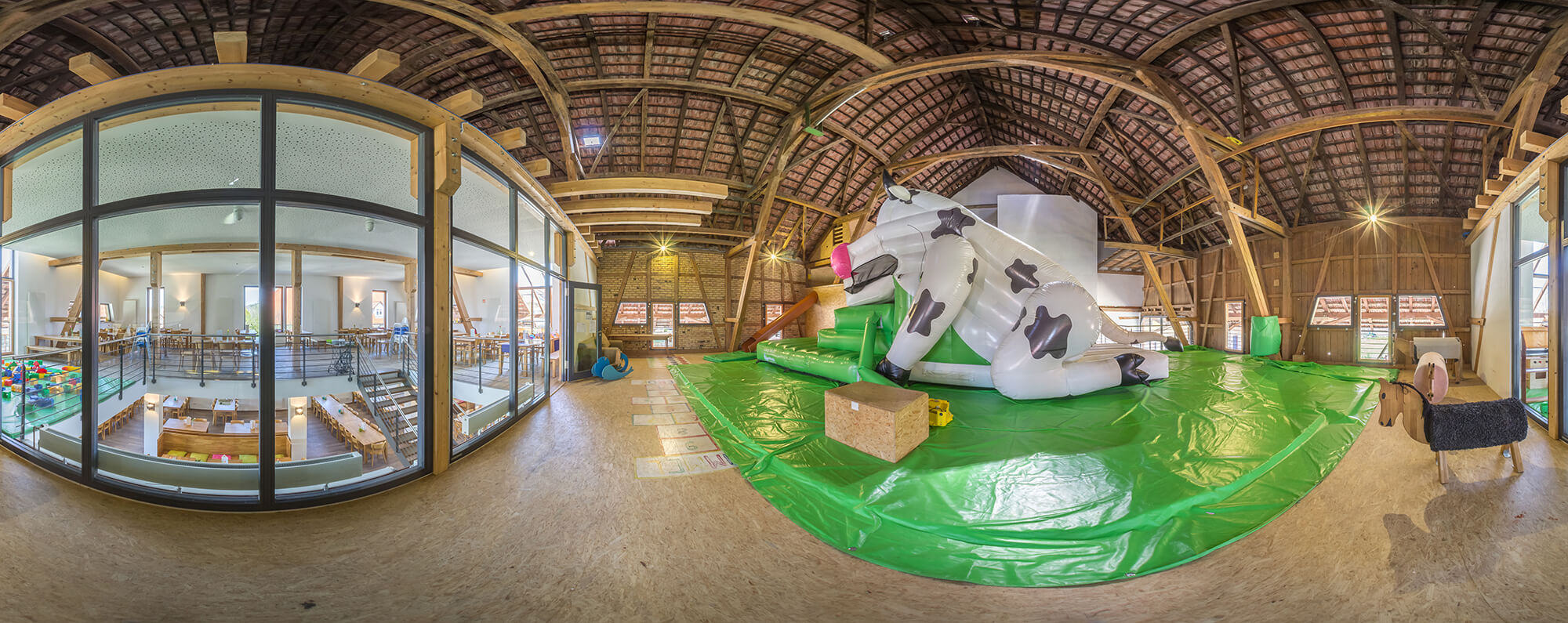 View of the adventure play barn, the indoor playground at Gut Hügle